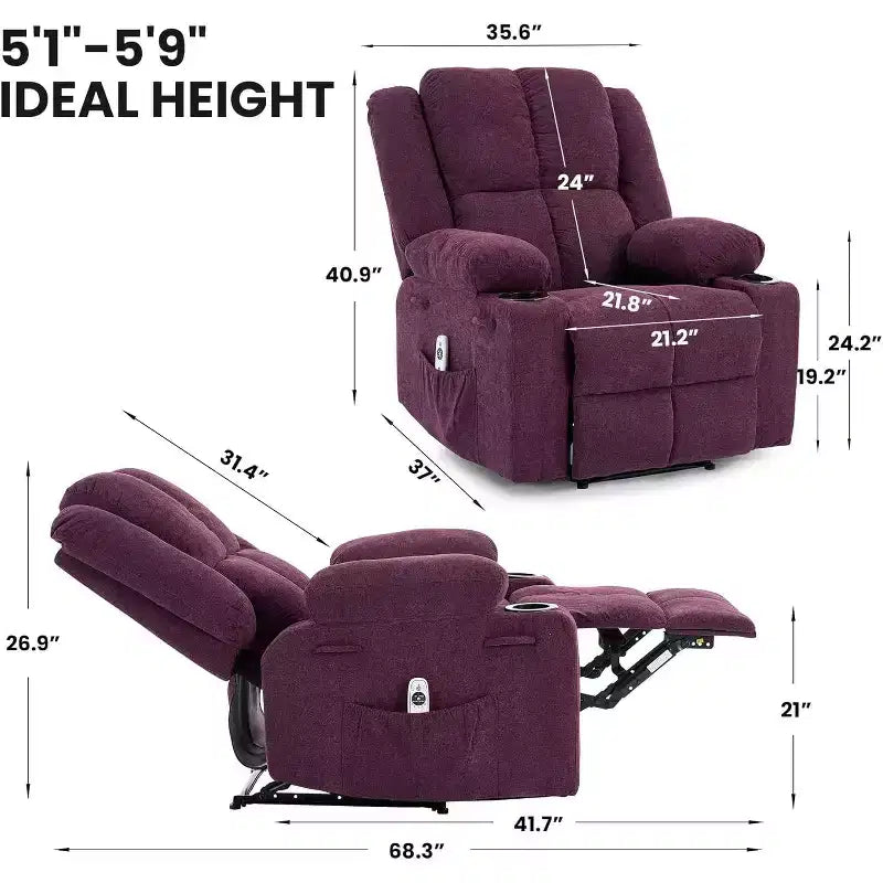 Fauteuil inclinable de massage surdimensionné, fauteuil individuel, pochette latérale, 2 porte-gobelets, fauteuil inclinable ergonomique rembourré en tissu respirant, pour le salon
