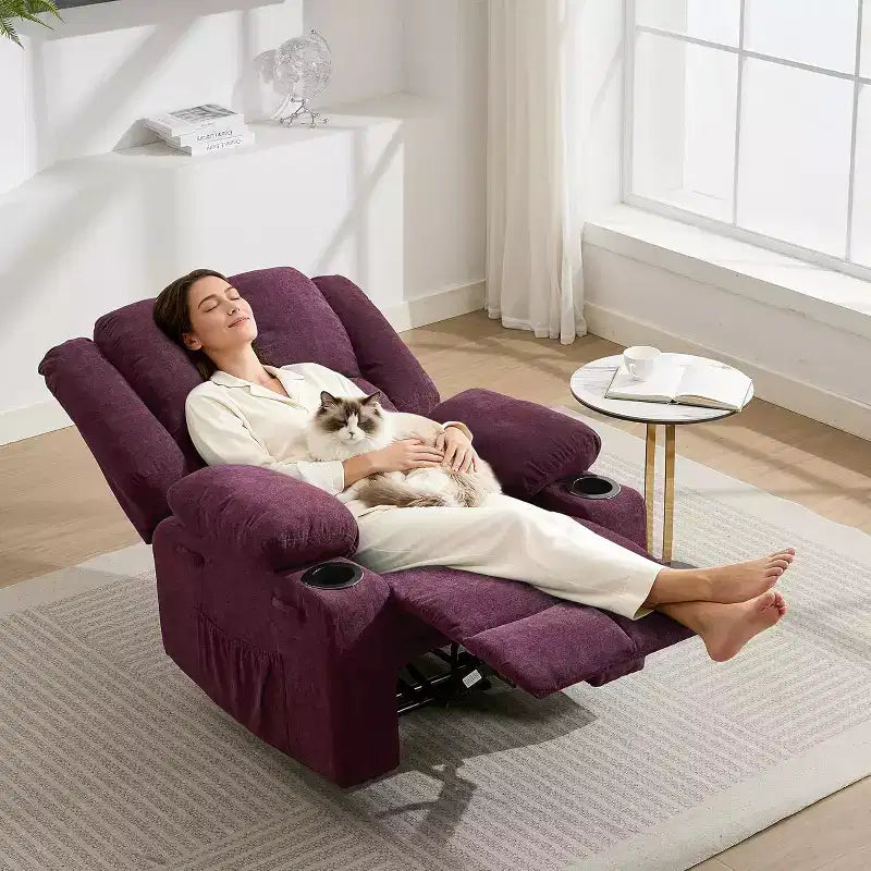 Fauteuil inclinable de massage surdimensionné, fauteuil individuel, pochette latérale, 2 porte-gobelets, fauteuil inclinable ergonomique rembourré en tissu respirant, pour le salon