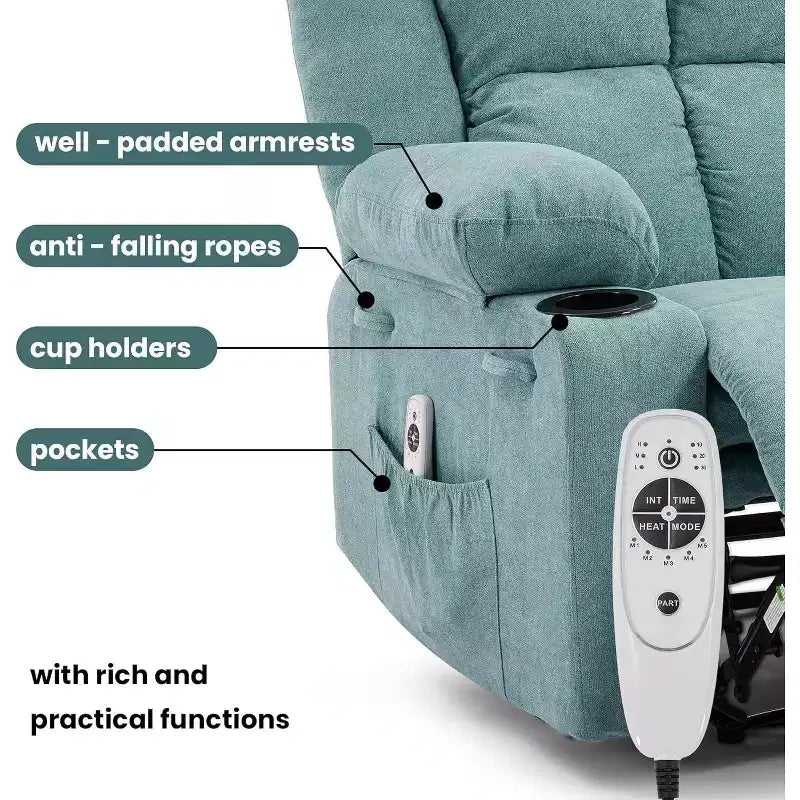 Fauteuil inclinable de massage surdimensionné, fauteuil individuel, pochette latérale, 2 porte-gobelets, fauteuil inclinable ergonomique rembourré en tissu respirant, pour le salon