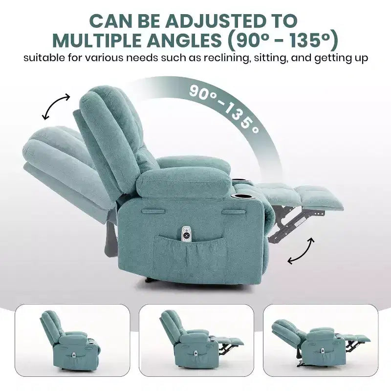 Fauteuil inclinable de massage surdimensionné, fauteuil individuel, pochette latérale, 2 porte-gobelets, fauteuil inclinable ergonomique rembourré en tissu respirant, pour le salon