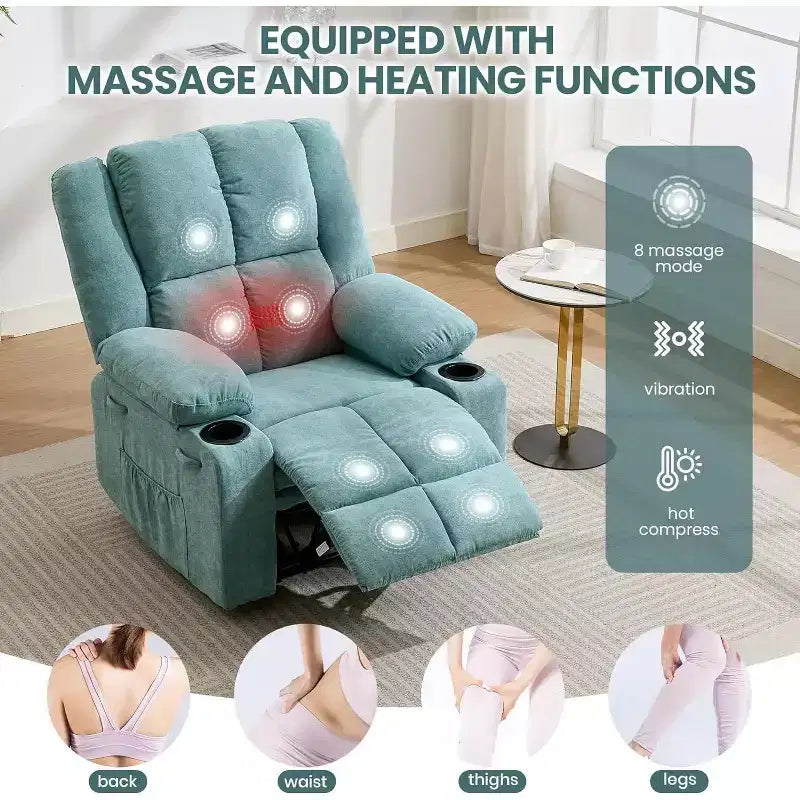 Fauteuil inclinable de massage surdimensionné, fauteuil individuel, pochette latérale, 2 porte-gobelets, fauteuil inclinable ergonomique rembourré en tissu respirant, pour le salon
