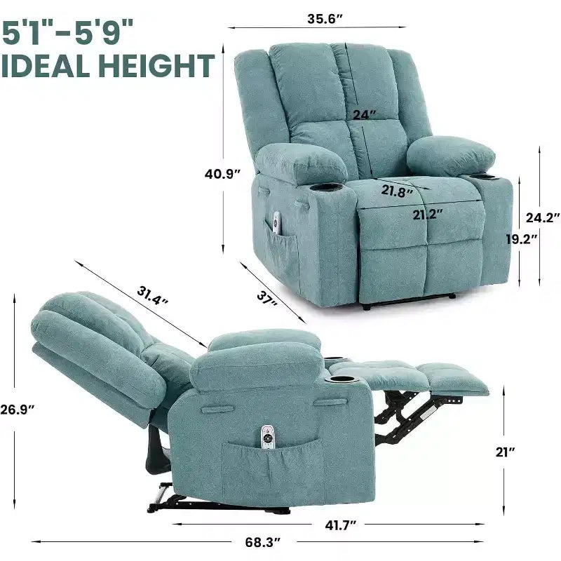 Fauteuil inclinable de massage surdimensionné, fauteuil individuel, pochette latérale, 2 porte-gobelets, fauteuil inclinable ergonomique rembourré en tissu respirant, pour le salon