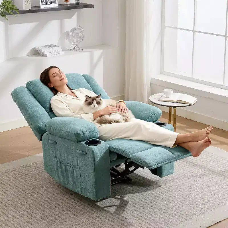 Fauteuil inclinable de massage surdimensionné, fauteuil individuel, pochette latérale, 2 porte-gobelets, fauteuil inclinable ergonomique rembourré en tissu respirant, pour le salon