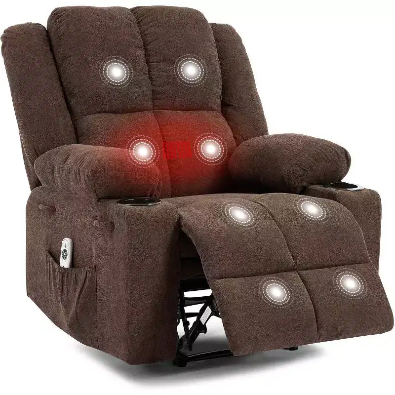 Fauteuil inclinable de massage surdimensionné, fauteuil individuel, pochette latérale, 2 porte-gobelets, fauteuil inclinable ergonomique rembourré en tissu respirant, pour le salon