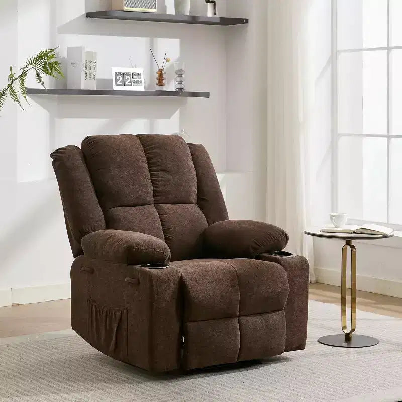 Fauteuil inclinable de massage surdimensionné, fauteuil individuel, pochette latérale, 2 porte-gobelets, fauteuil inclinable ergonomique rembourré en tissu respirant, pour le salon