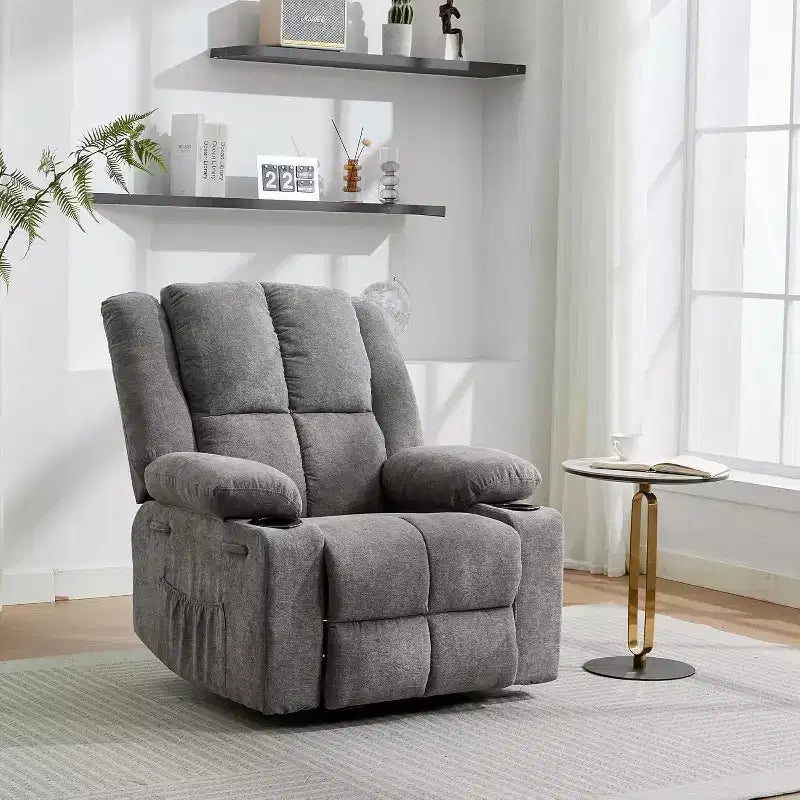 Fauteuil inclinable de massage surdimensionné, fauteuil individuel, pochette latérale, 2 porte-gobelets, fauteuil inclinable ergonomique rembourré en tissu respirant, pour le salon