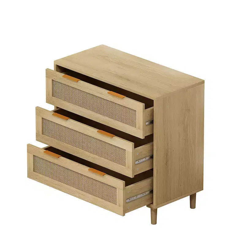 Cassettiera a 3 cassetti, mobiletto da cucina con 3 cassetti profondi in rattan, mobile buffet con maniglia in ferro
