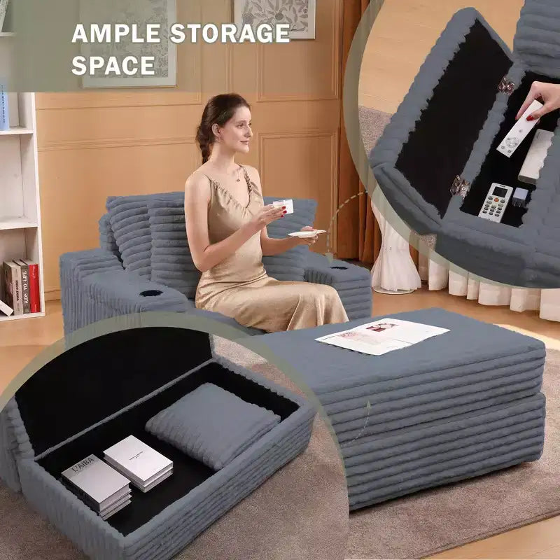 Divano Chaise Longue Oversize da Interno, Divano in Velluto a Coste Imbottito, Divano Letto Cloud, 3 Cuscini, Divano Letto Singolo, per Soggiorno, Camera da Letto