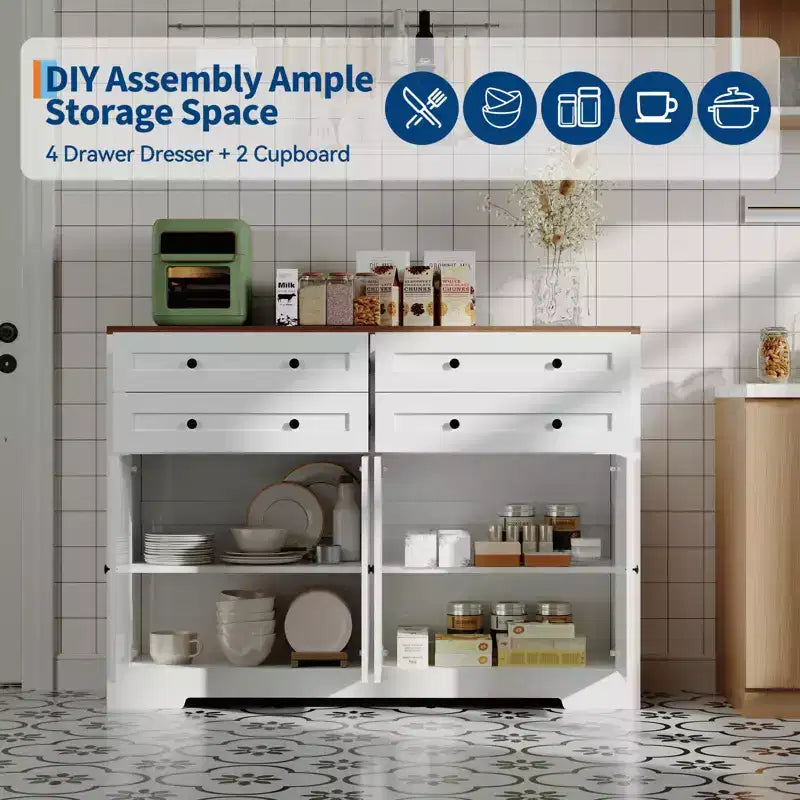 Credenza buffet grande da 55 pollici con contenitore, 4 cassetti e 4 ante, mobile contenitore da cucina con ripiano regolabile, mobile bar in legno per corridoio