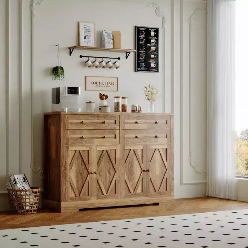 Grand buffet de 140 cm avec rangement, 4 tiroirs et 4 portes, meuble de rangement de cuisine avec étagère réglable, bar à café en bois pour couloir