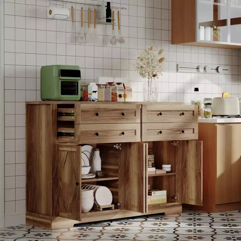 Grand buffet de 140 cm avec rangement, 4 tiroirs et 4 portes, meuble de rangement de cuisine avec étagère réglable, bar à café en bois pour couloir