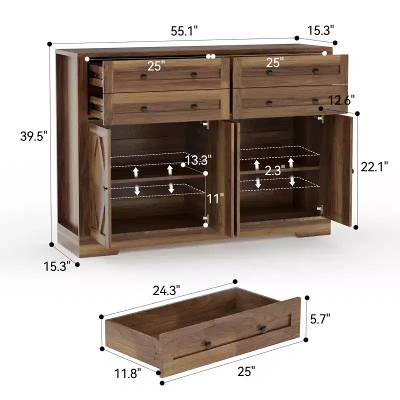 Grand buffet de 140 cm avec rangement, 4 tiroirs et 4 portes, meuble de rangement de cuisine avec étagère réglable, bar à café en bois pour couloir
