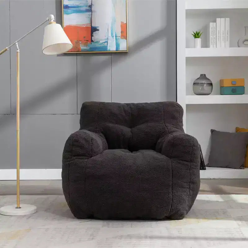 Grand pouf canapé gris foncé avec pochette latérale, fauteuil de sol moelleux pour adultes, idéal pour le jeu et la lecture