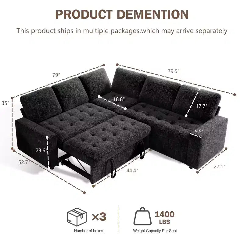 Divano Sezionale Modulare Dyonery 85 con Letto Estraibile, Divano a L a 5 Posti in Ciniglia con Porte USB, Schienale Regolabile e Contenitore