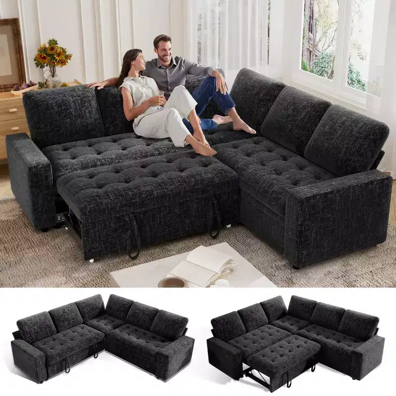 Canapé d'angle modulable Dyonery 85 avec lit gigogne, canapé 5 places en forme de L en chenille avec ports USB, dossier réglable et rangement