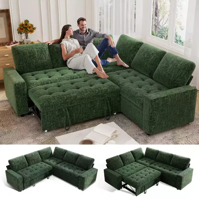 Canapé d'angle modulable Dyonery 85 avec lit gigogne, canapé 5 places en forme de L en chenille avec ports USB, dossier réglable et rangement