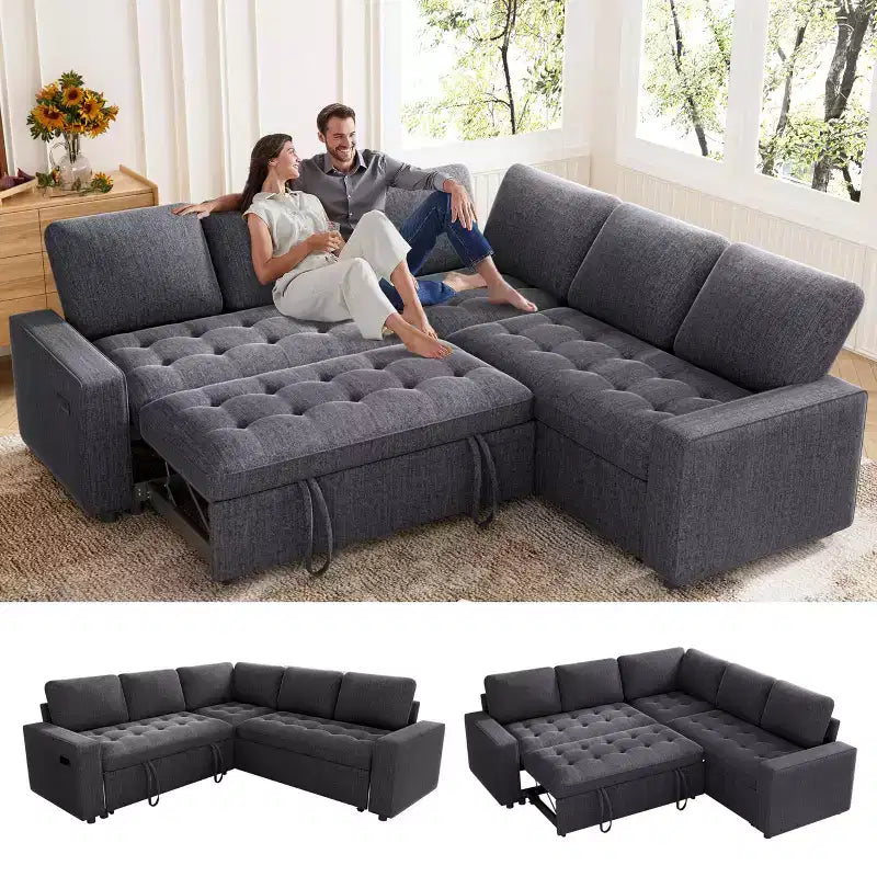 Canapé d'angle modulable Dyonery 85 avec lit gigogne, canapé 5 places en forme de L en chenille avec ports USB, dossier réglable et rangement