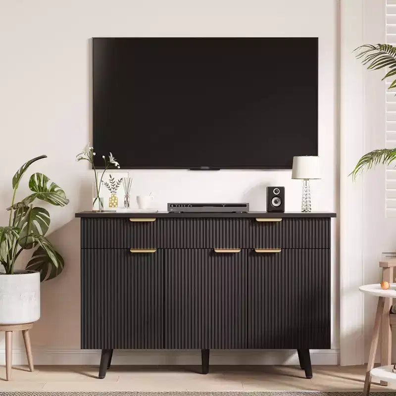 Credenza a buffet moderna con scanalature da 119 cm con contenitore, 3 ante e 2 cassetti, ripiani regolabili, credenza multifunzione, credenza a buffet