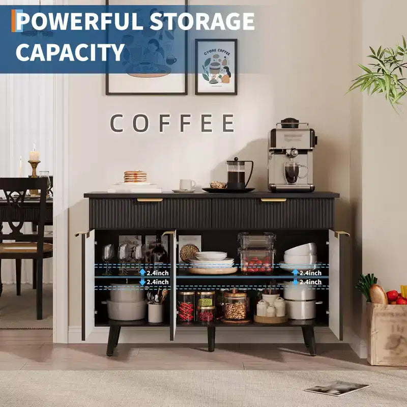 Credenza a buffet moderna con scanalature da 119 cm con contenitore, 3 ante e 2 cassetti, ripiani regolabili, credenza multifunzione, credenza a buffet