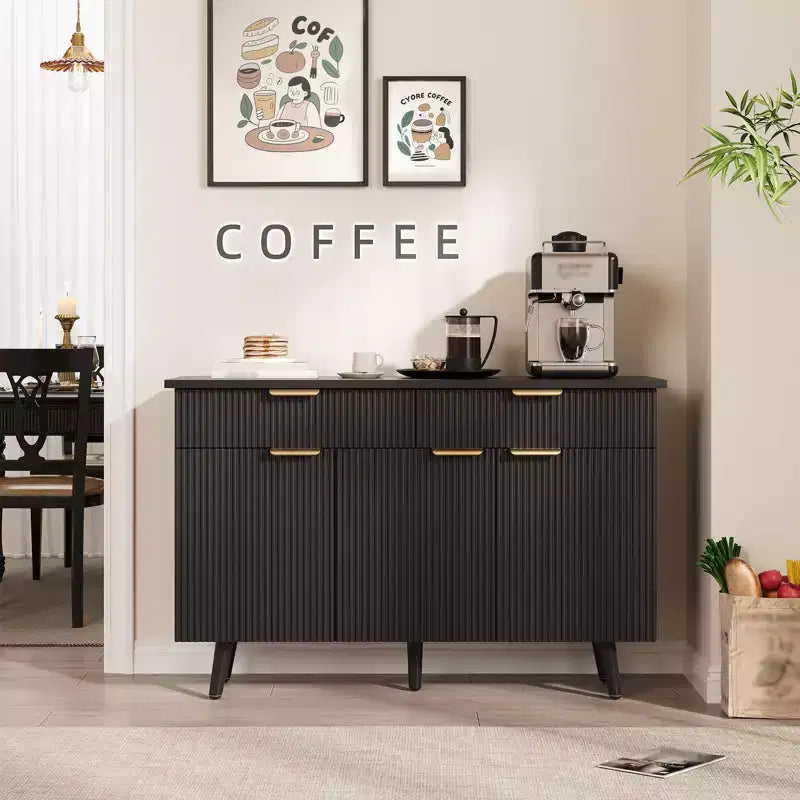 Credenza a buffet moderna con scanalature da 119 cm con contenitore, 3 ante e 2 cassetti, ripiani regolabili, credenza multifunzione, credenza a buffet