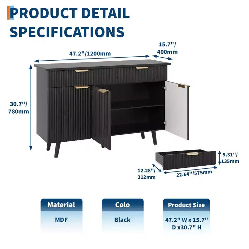 Credenza a buffet moderna con scanalature da 119 cm con contenitore, 3 ante e 2 cassetti, ripiani regolabili, credenza multifunzione, credenza a buffet