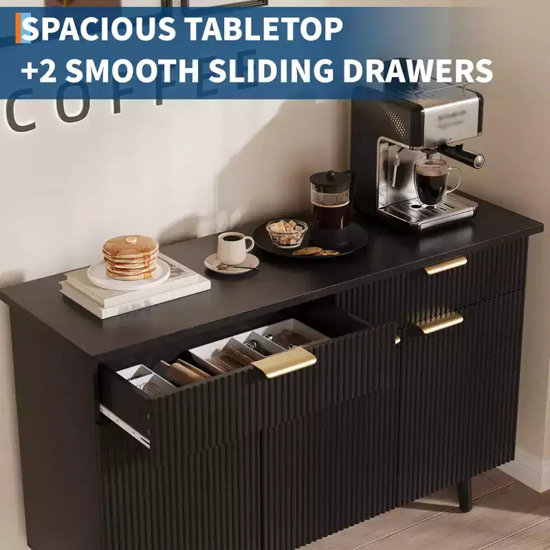 Credenza a buffet moderna con scanalature da 119 cm con contenitore, 3 ante e 2 cassetti, ripiani regolabili, credenza multifunzione, credenza a buffet