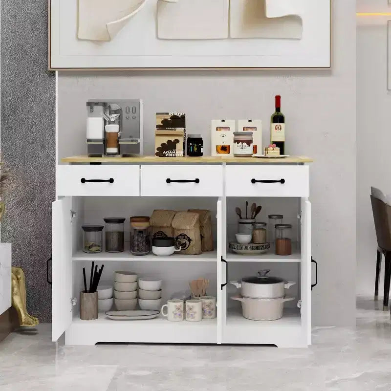 Credenza per sala da pranzo con 3 cassetti e 3 ante, tavolo consolle con scaffali, mobile bar cantinetta in stile rustico