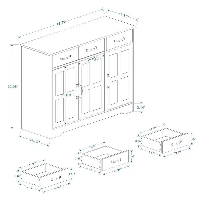 Credenza per sala da pranzo con 3 cassetti e 3 ante, tavolo consolle con scaffali, mobile bar cantinetta in stile rustico