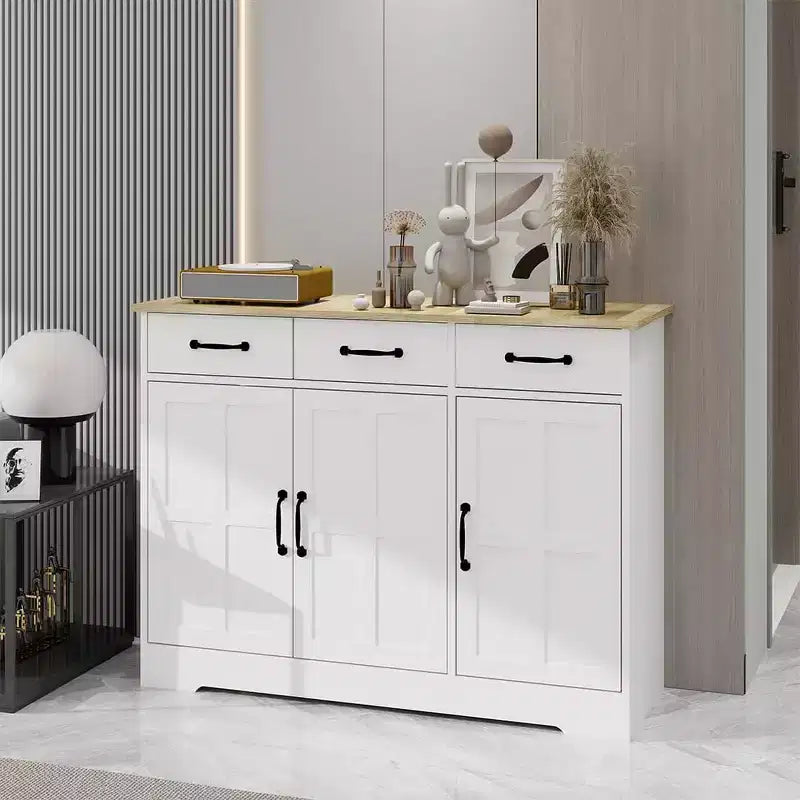 Credenza per sala da pranzo con 3 cassetti e 3 ante, tavolo consolle con scaffali, mobile bar cantinetta in stile rustico