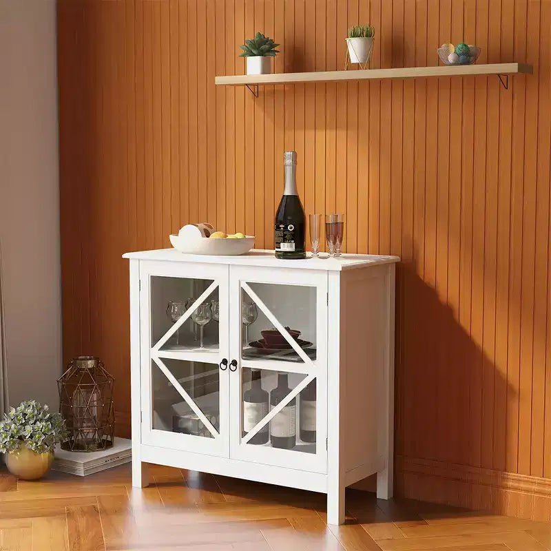 Madia Credenza, Vetrina Espositiva con Doppie Ante in Vetro, Armadietto Tavolo Consolle per Cucina Domestica