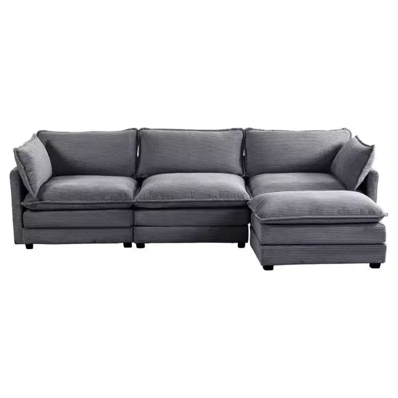 Divano componibile a L Hyleory Cozy Corduroy con poggiapiedi mobile - Tocco Morbido, Design Salvaspazio