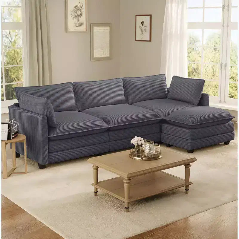 Divano componibile a L Hyleory Cozy Corduroy con poggiapiedi mobile - Tocco Morbido, Design Salvaspazio