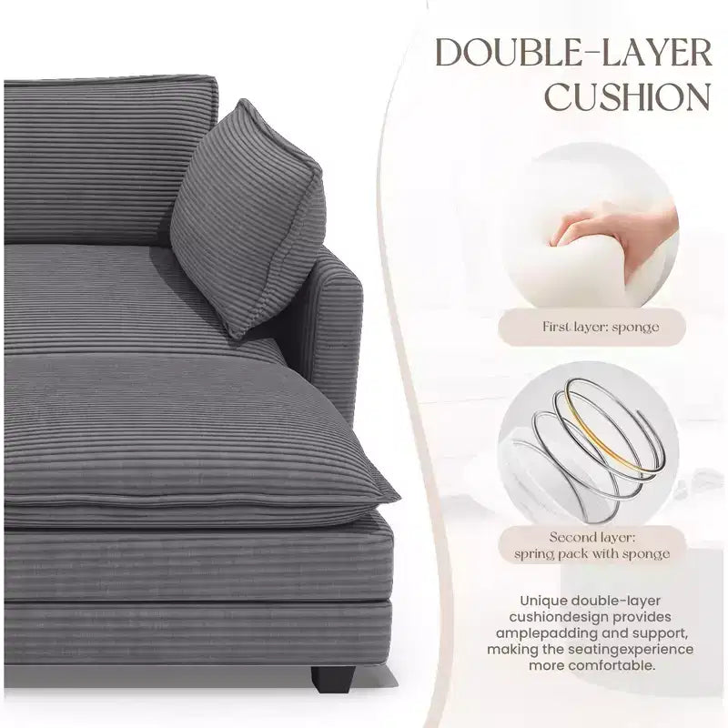 Divano componibile a L Hyleory Cozy Corduroy con poggiapiedi mobile - Tocco Morbido, Design Salvaspazio