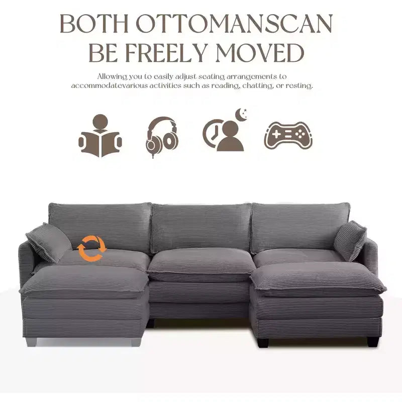 Divano componibile a L Hyleory Cozy Corduroy con poggiapiedi mobile - Tocco Morbido, Design Salvaspazio