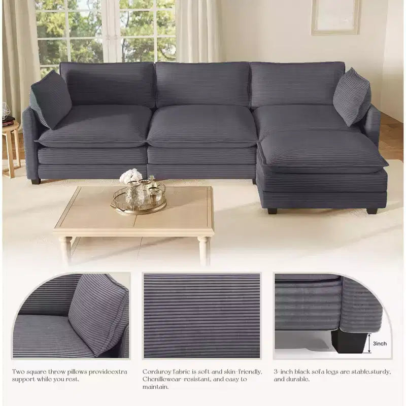 Divano componibile a L Hyleory Cozy Corduroy con poggiapiedi mobile - Tocco Morbido, Design Salvaspazio
