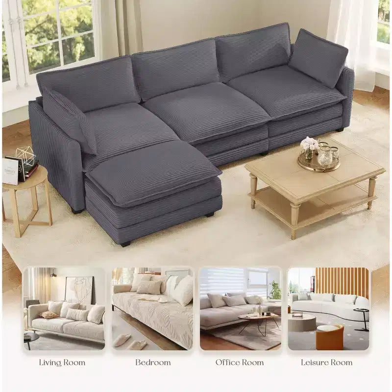Divano componibile a L Hyleory Cozy Corduroy con poggiapiedi mobile - Tocco Morbido, Design Salvaspazio