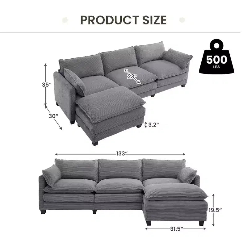 Divano componibile a L Hyleory Cozy Corduroy con poggiapiedi mobile - Tocco Morbido, Design Salvaspazio