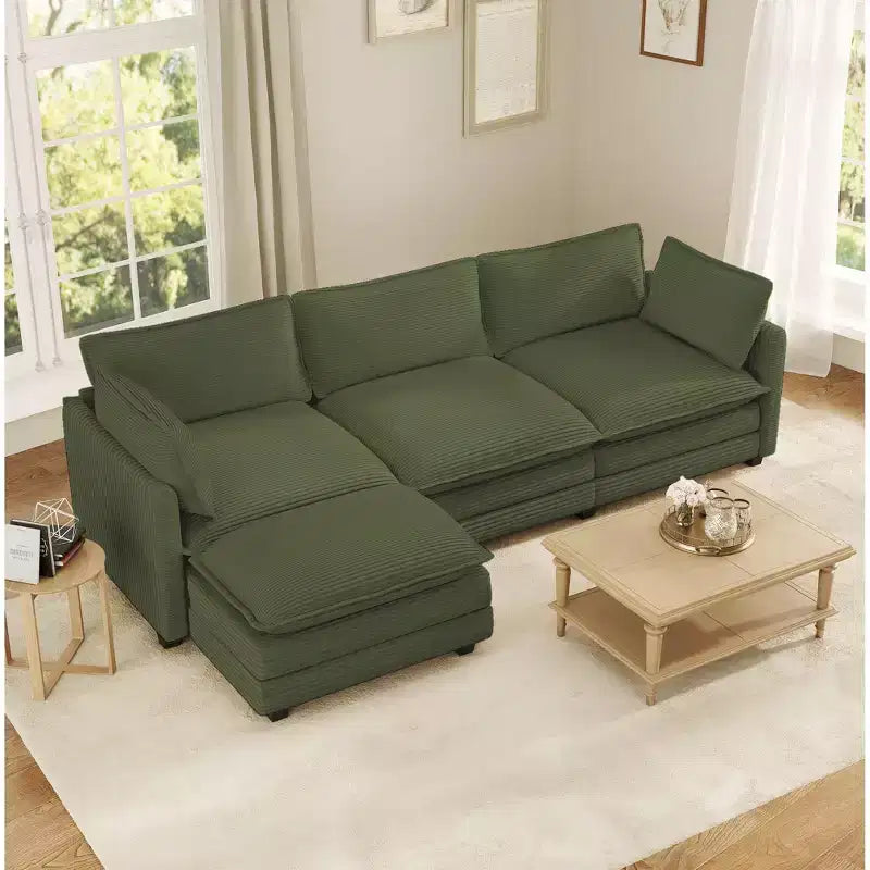 Divano componibile a L Hyleory Cozy Corduroy con poggiapiedi mobile - Tocco Morbido, Design Salvaspazio