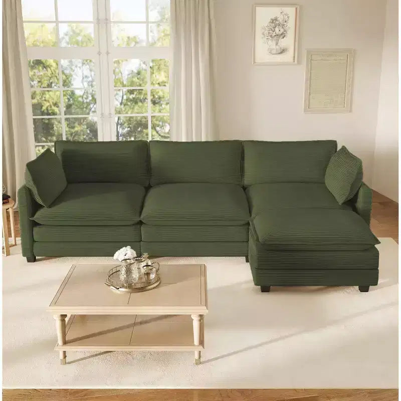 Divano componibile a L Hyleory Cozy Corduroy con poggiapiedi mobile - Tocco Morbido, Design Salvaspazio