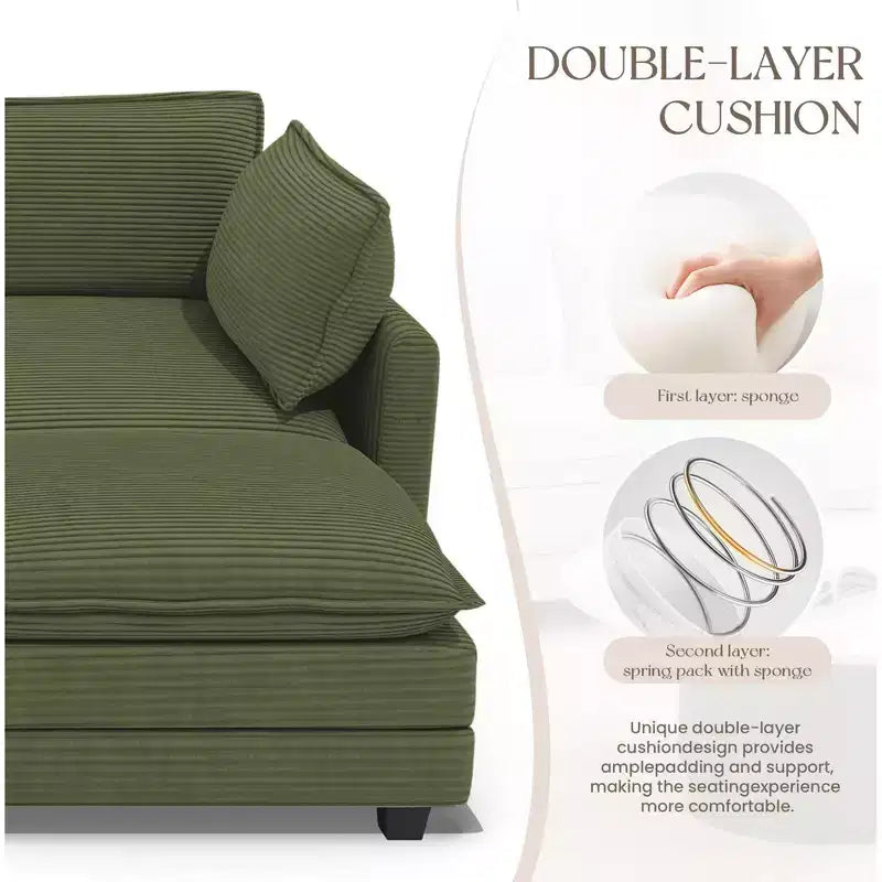 Divano componibile a L Hyleory Cozy Corduroy con poggiapiedi mobile - Tocco Morbido, Design Salvaspazio