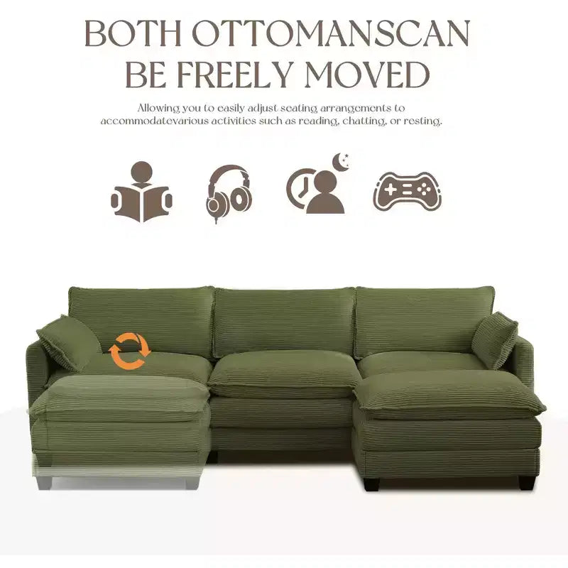 Divano componibile a L Hyleory Cozy Corduroy con poggiapiedi mobile - Tocco Morbido, Design Salvaspazio