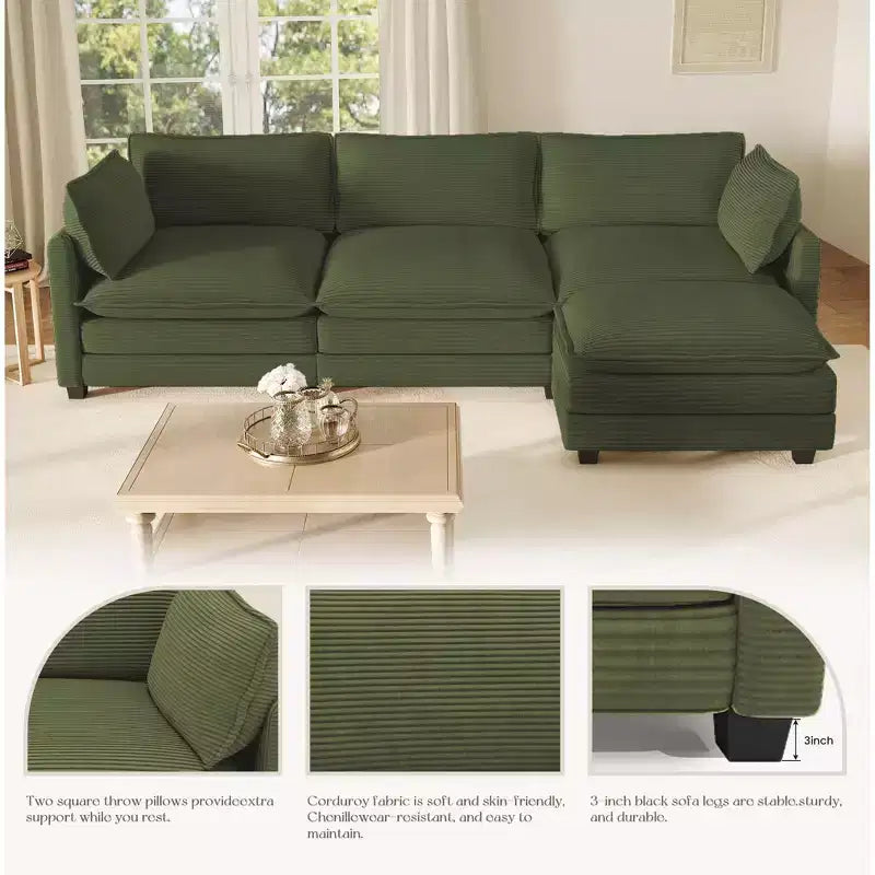 Divano componibile a L Hyleory Cozy Corduroy con poggiapiedi mobile - Tocco Morbido, Design Salvaspazio