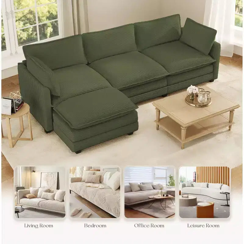 Divano componibile a L Hyleory Cozy Corduroy con poggiapiedi mobile - Tocco Morbido, Design Salvaspazio