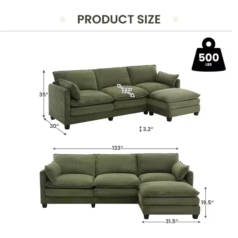 Divano componibile a L Hyleory Cozy Corduroy con poggiapiedi mobile - Tocco Morbido, Design Salvaspazio