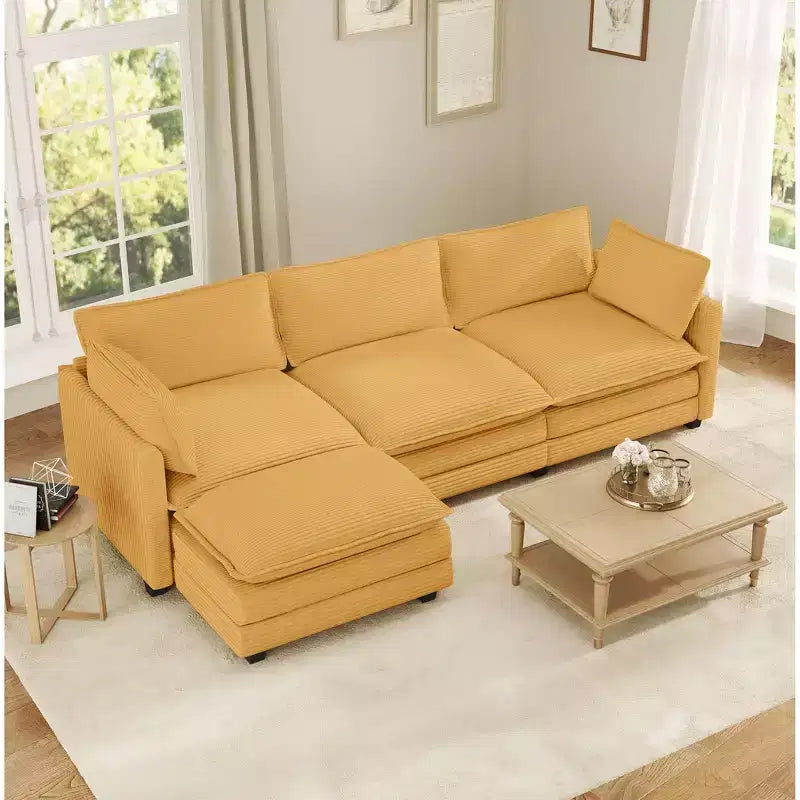 Divano componibile a L Hyleory Cozy Corduroy con poggiapiedi mobile - Tocco Morbido, Design Salvaspazio
