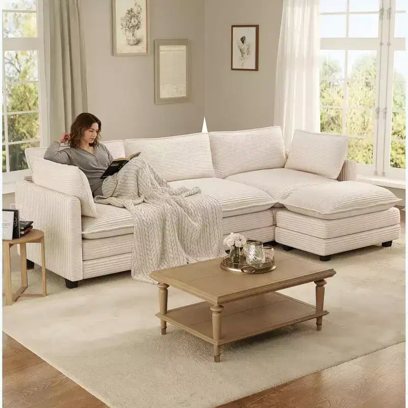 Divano componibile a L Hyleory Cozy Corduroy con poggiapiedi mobile - Tocco Morbido, Design Salvaspazio