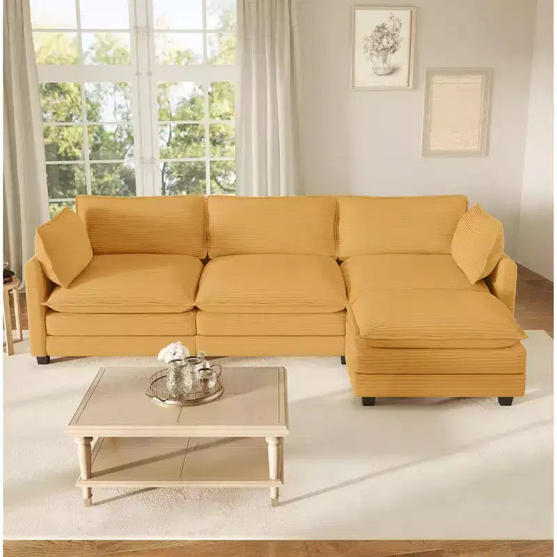Divano componibile a L Hyleory Cozy Corduroy con poggiapiedi mobile - Tocco Morbido, Design Salvaspazio