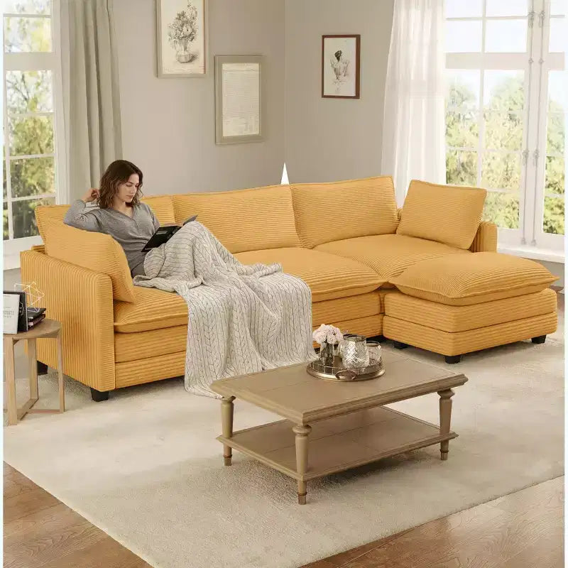 Divano componibile a L Hyleory Cozy Corduroy con poggiapiedi mobile - Tocco Morbido, Design Salvaspazio