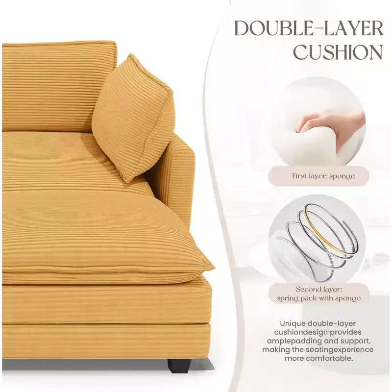 Divano componibile a L Hyleory Cozy Corduroy con poggiapiedi mobile - Tocco Morbido, Design Salvaspazio