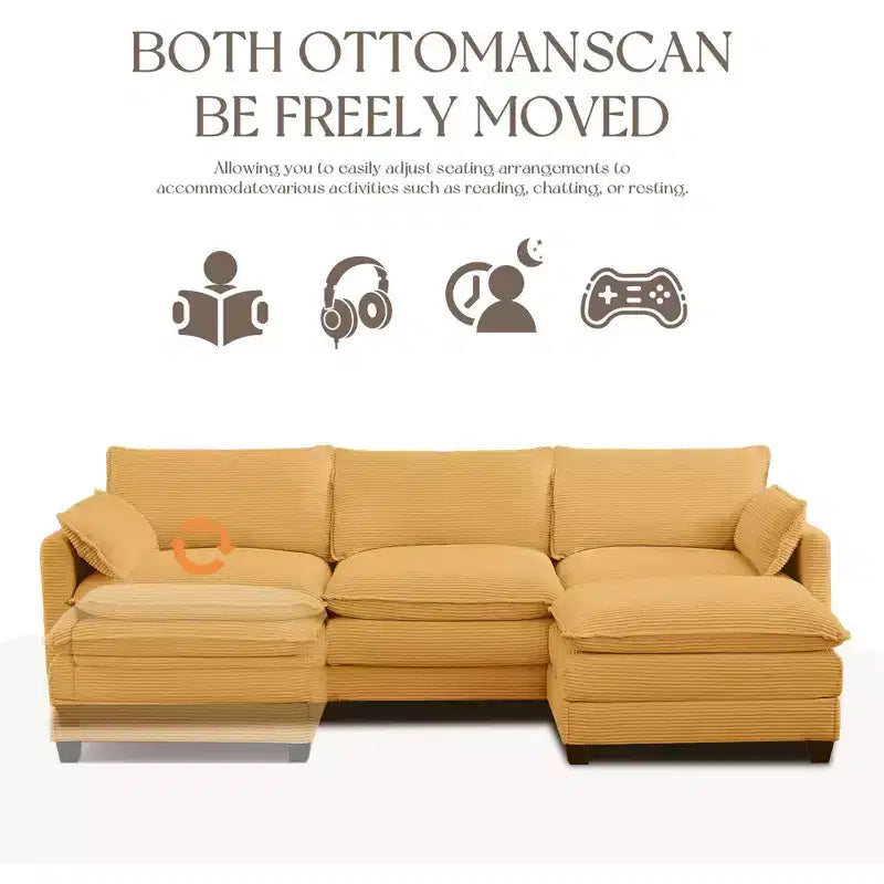 Divano componibile a L Hyleory Cozy Corduroy con poggiapiedi mobile - Tocco Morbido, Design Salvaspazio